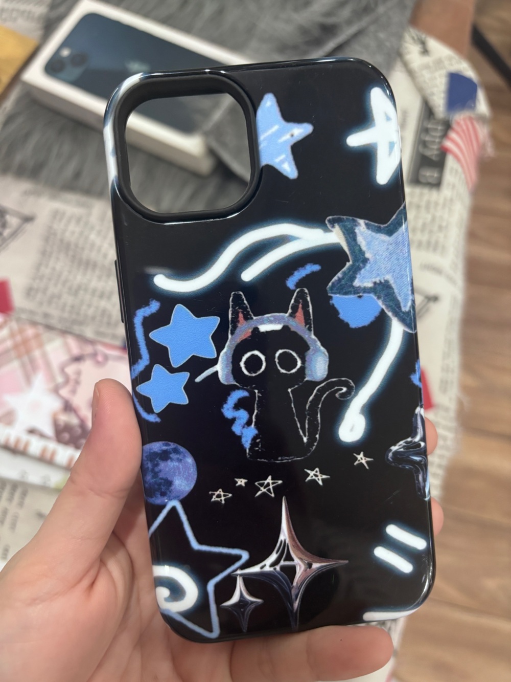 Cute Black Cat Star iPhone Case - Black Blue Design